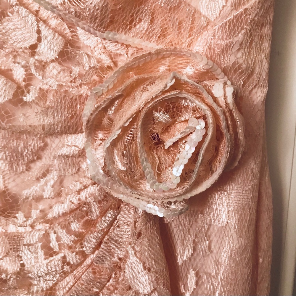 PEACH OFF SHOULDER HANDKERCHIEF LACED GOWN